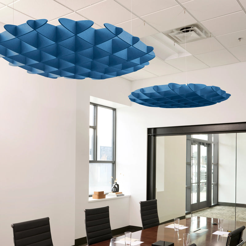 Foil 3D Cloud acoustic ceiling baffles in Cayman felt above a conference table