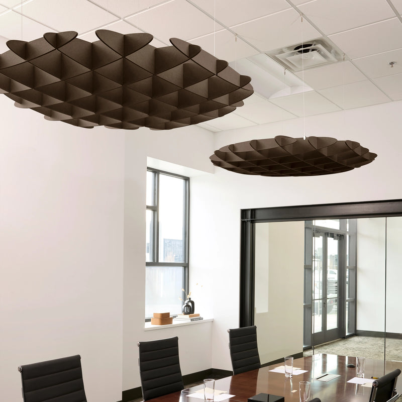 Foil 3D Cloud acoustic ceiling baffles in Cocoa felt above a conference table