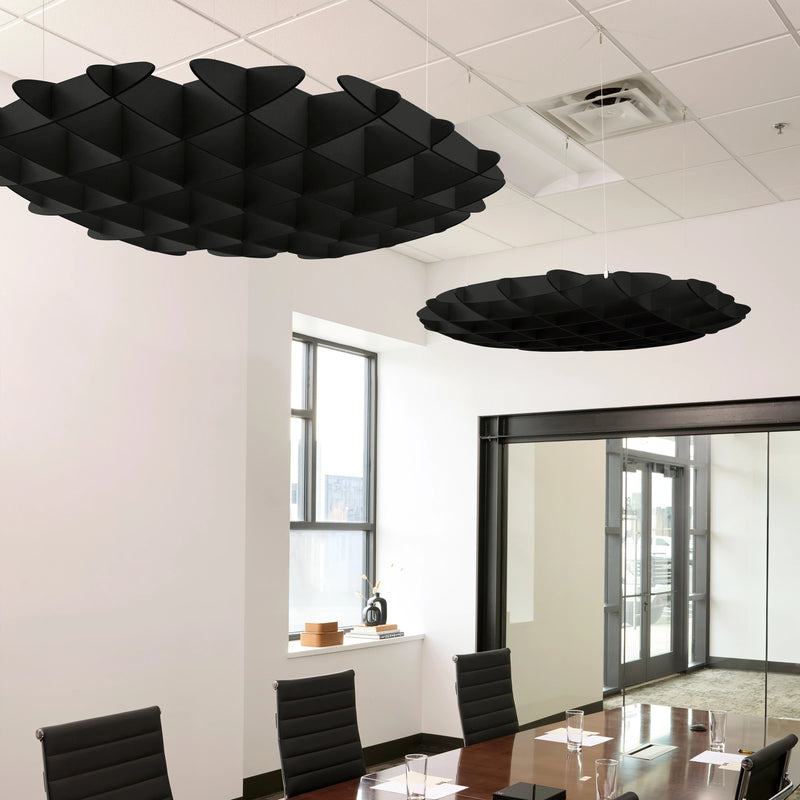 Foil 3D Cloud acoustic ceiling baffles in Ebony felt above a conference table