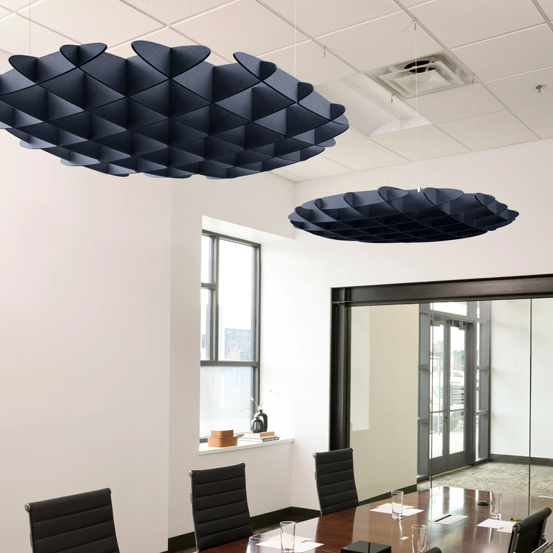 Foil 3D Cloud acoustic ceiling baffles in Indigo felt above a conference table