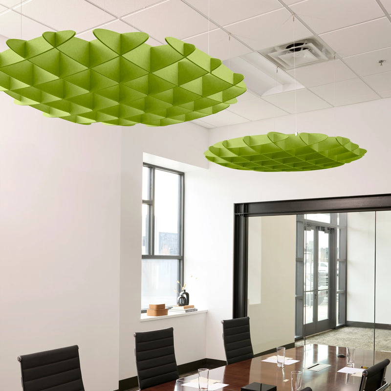 Foil 3D Cloud acoustic ceiling baffles in Kiwi felt above a conference table
