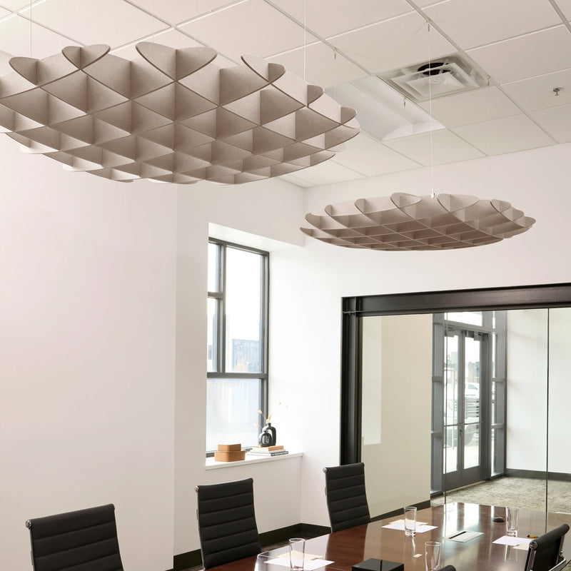 Foil 3D Cloud acoustic ceiling baffles in Latte felt above a conference table