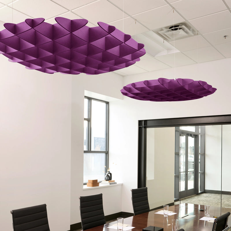 Foil 3D Cloud acoustic ceiling baffles in Lavender felt above a conference table