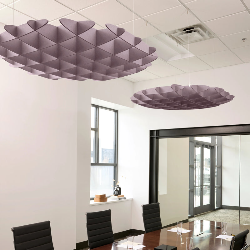 Foil 3D Cloud acoustic ceiling baffles in Lilac felt above a conference table