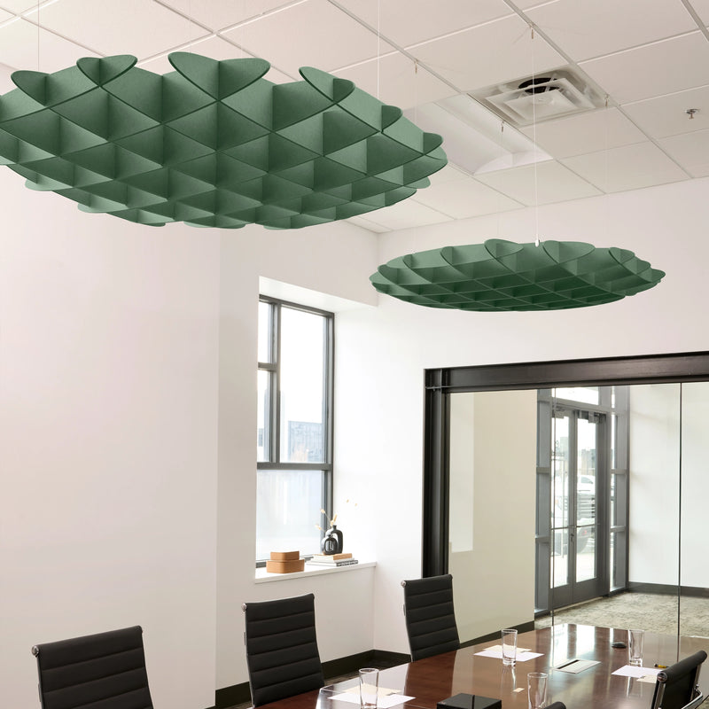 Foil 3D Cloud acoustic ceiling baffles in Mint felt above a conference table