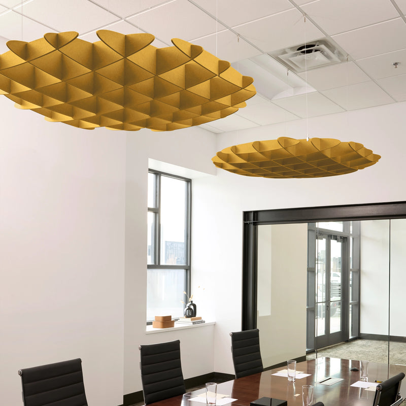 Foil 3D Cloud acoustic ceiling baffles in Mustard felt above a conference table