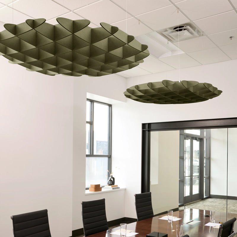Foil 3D Cloud acoustic ceiling baffles in Olive felt above a conference table