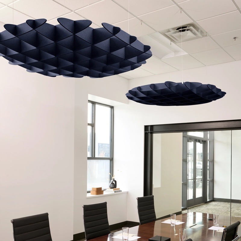 Foil 3D Cloud acoustic ceiling baffles in Oxford felt above a conference table