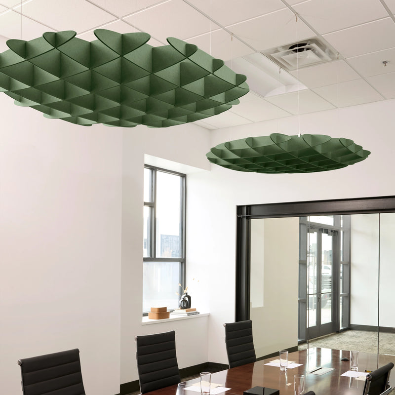 Foil 3D Cloud acoustic ceiling baffles in Palm felt above a conference table
