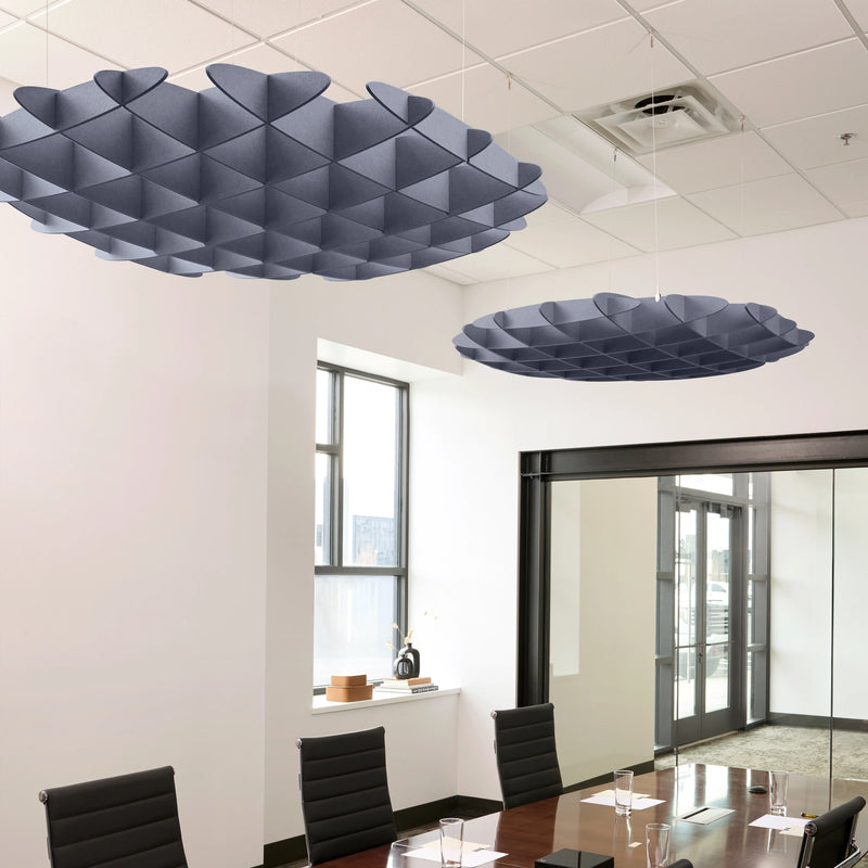 Foil 3D Cloud acoustic ceiling baffles in Periwinkle felt above a conference table