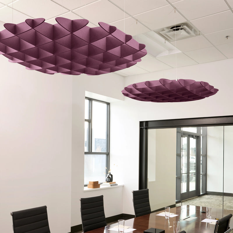 Foil 3D Cloud acoustic ceiling baffles in Plum felt above a conference table