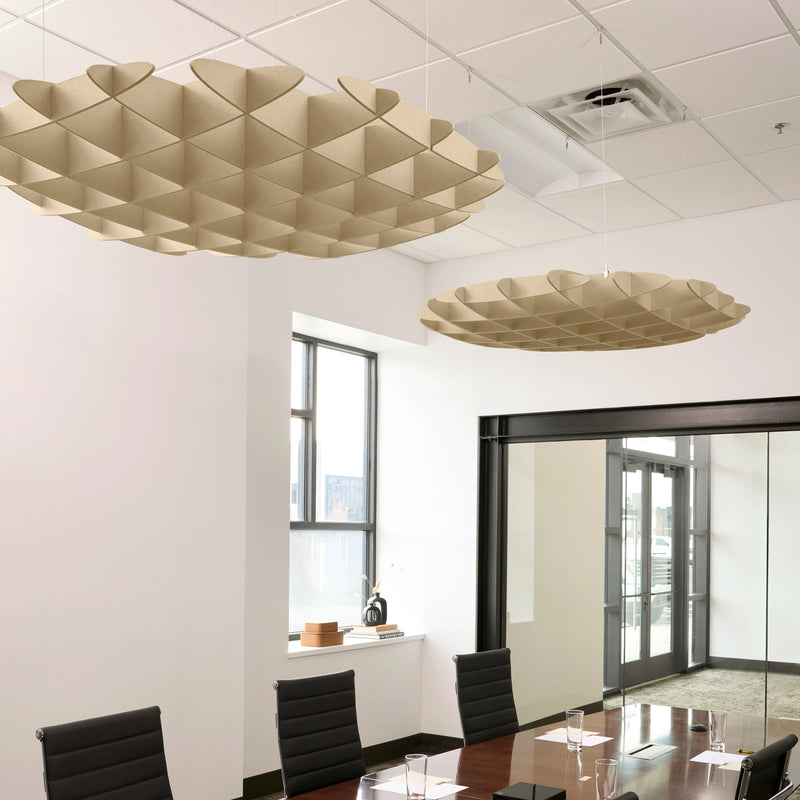 Foil 3D Cloud acoustic ceiling baffles in Porcelain felt above a conference table