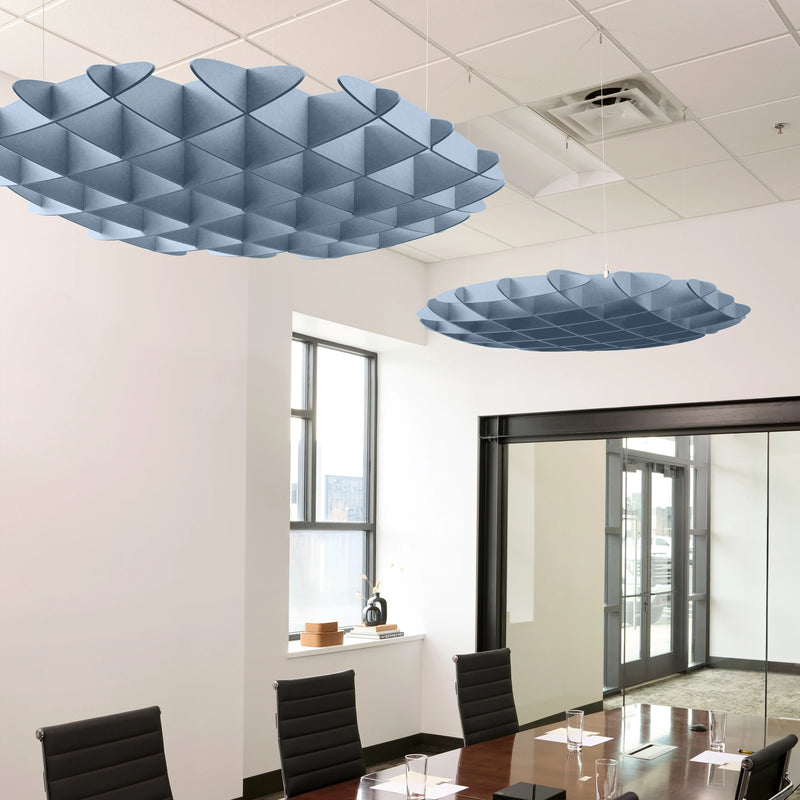 Foil 3D Cloud acoustic ceiling baffles in Powder Blue felt above a conference table