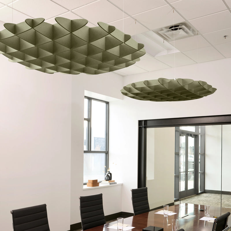 Foil 3D Cloud acoustic ceiling baffles in Sage felt above a conference table