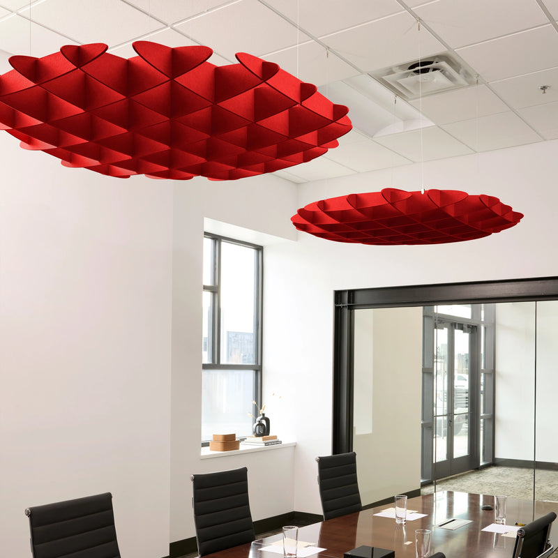 Foil 3D Cloud acoustic ceiling baffles in Scarlet felt above a conference table