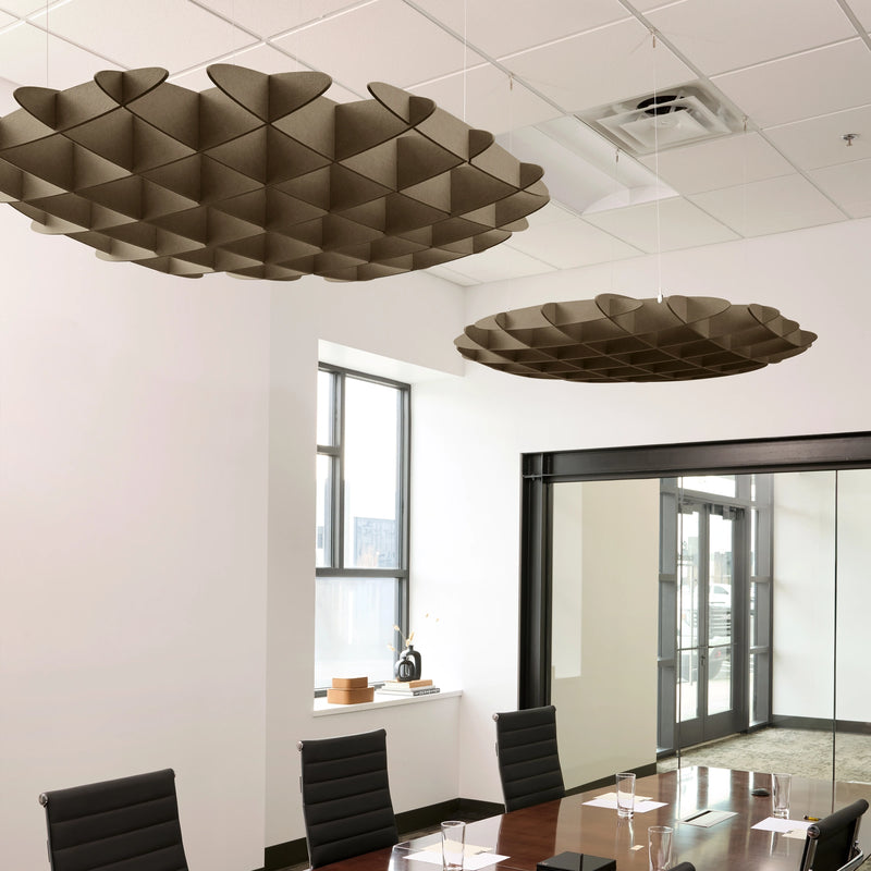 Foil 3D Cloud acoustic ceiling baffles in Timber felt above a conference table