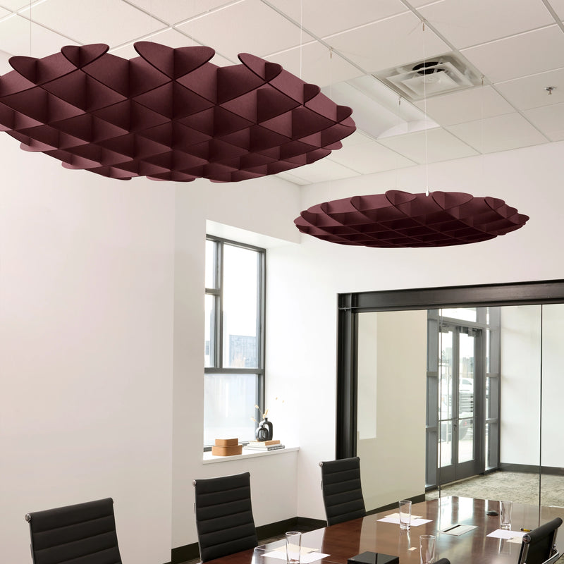 Foil 3D Cloud acoustic ceiling baffles in Wine felt above a conference table