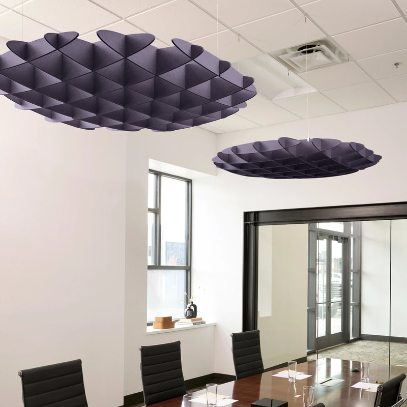 Foil 3D Cloud acoustic ceiling baffles in Wisteria felt above a conference table