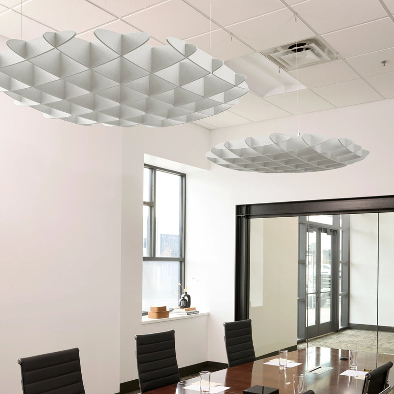 Foil 3D Cloud acoustic ceiling baffles in Zinc felt above a conference table