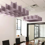 Grid 3D Cloud acoustic ceiling baffles in Lilac felt above a conference table