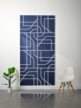 Dark blue felt sheet with white engraved subway map-style geometric lines and rectangular sections.