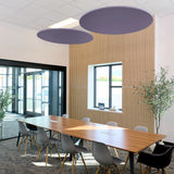 Circle Flat Cloud acoustic ceiling baffles in Wisteria felt above a conference table