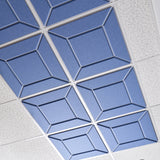 Blue Facet felt drop ceiling tiles with beveled diamond patterns in a ceiling grid