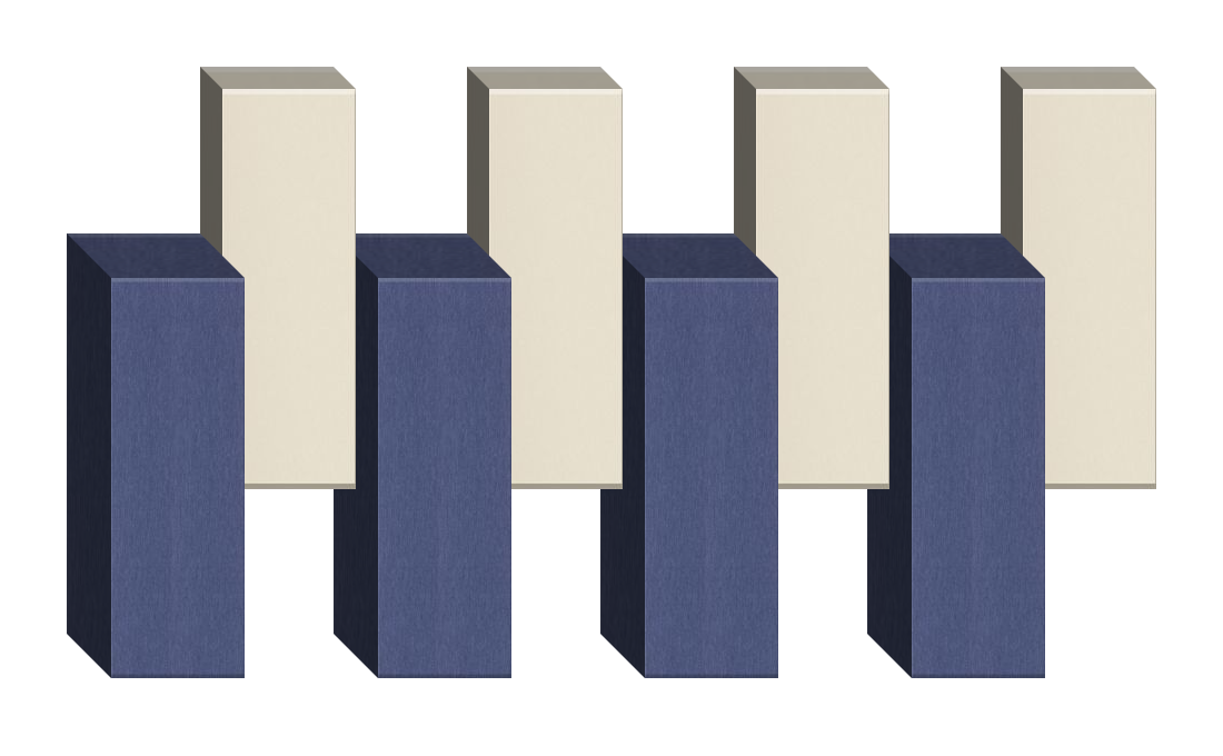 Four tall rectangular blocks in dark blue and cream alternating in a row arrangement.