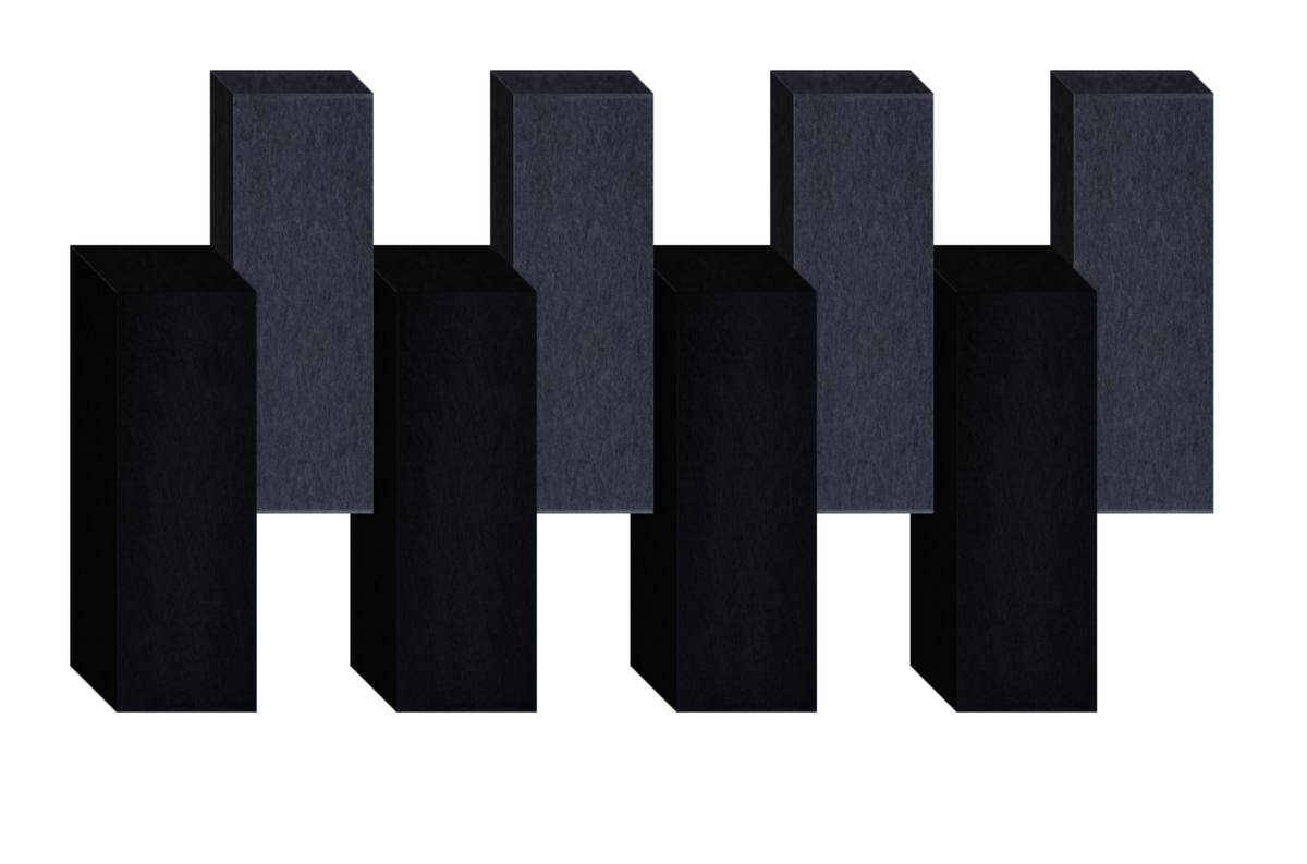 Abstract 3D geometric design with alternating black and dark gray rectangular blocks arranged in a staggered pattern.