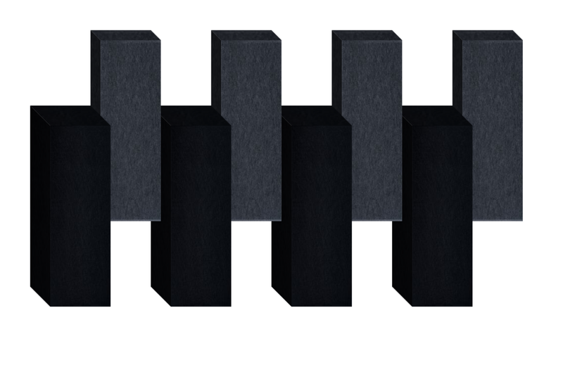 Abstract 3D geometric design with alternating black and dark gray rectangular blocks arranged in a staggered pattern.