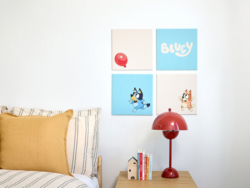 Bluey and Bingo red ballon pinboard in a bedroom setting