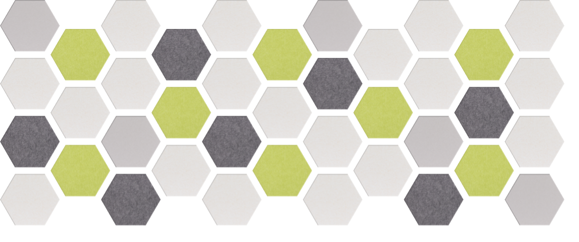 Repeating hexagon pattern in lime green, charcoal gray, and light beige tiles.