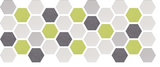 Repeating hexagon pattern in lime green, charcoal gray, and light beige tiles.