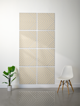 Eight square tiles with layered engraved chevron pattern in beige and gray, arranged in a 2x4 grid.