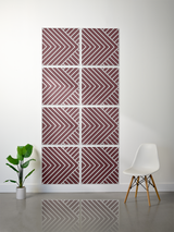 Eight burgundy and white tiles with diagonal stripe and chevron engraved patterns arranged in a grid.