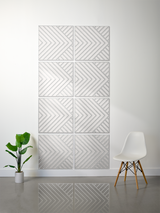 Eight square tiles arranged in a grid with engraved diagonal and chevron stripe patterns in gray and white.