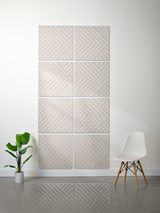 Eight square tiles with engraved chevron and diagonal line patterns in beige and gray tones arranged in a 2x4 grid.