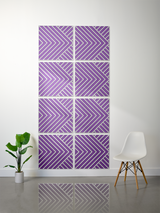 Eight purple tiles with white engraved diagonal and chevron stripe patterns arranged in a 2x4 grid on a wall.