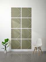 Eight square tiles with olive and white diagonal striped pattern arranged in a grid on a wall.