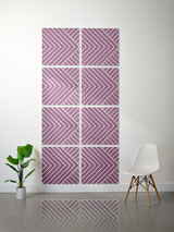 Eight purple and white square tiles with engraved chevron and diagonal stripe pattern arranged in a 2x4 grid.