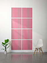 Eight pink tiles with white parallel line engravings arranged in a 2x4 grid on a wall.