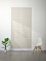 Eight square tiles with parallel vertical line engravings arranged in a 2x4 grid on white wall.