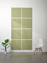 Set of eight olive green tiles with white vertical engraved parallel lines arranged in a 2x4 wall pattern.