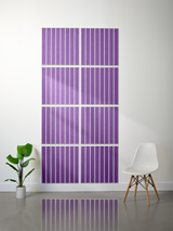 Eight purple tiles with vertical engraved parallel lines and white grout lines arranged in a grid wall display.