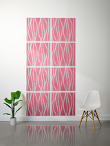 Eight pink tiles with white wavy engraved lines arranged in a 2x4 grid on a wall.