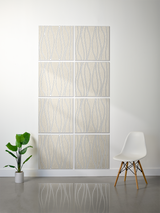 Eight beige tiles with engraved wavy vertical line pattern arranged in a 2x4 grid on wall.