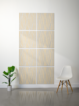 Eight beige tiles with white wavy engraved lines arranged in a 2x4 grid on a wall.