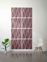 Eight burgundy tiles with white wavy vertical line engraving arranged in a 2x4 grid on a wall.