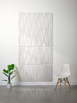Eight square tiles with engraved wavy line pattern arranged in a 2x4 grid on white wall.