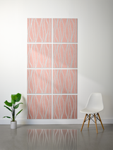 Eight pink tiles with white engraved wavy vertical lines arranged in a 2x4 grid on a wall.
